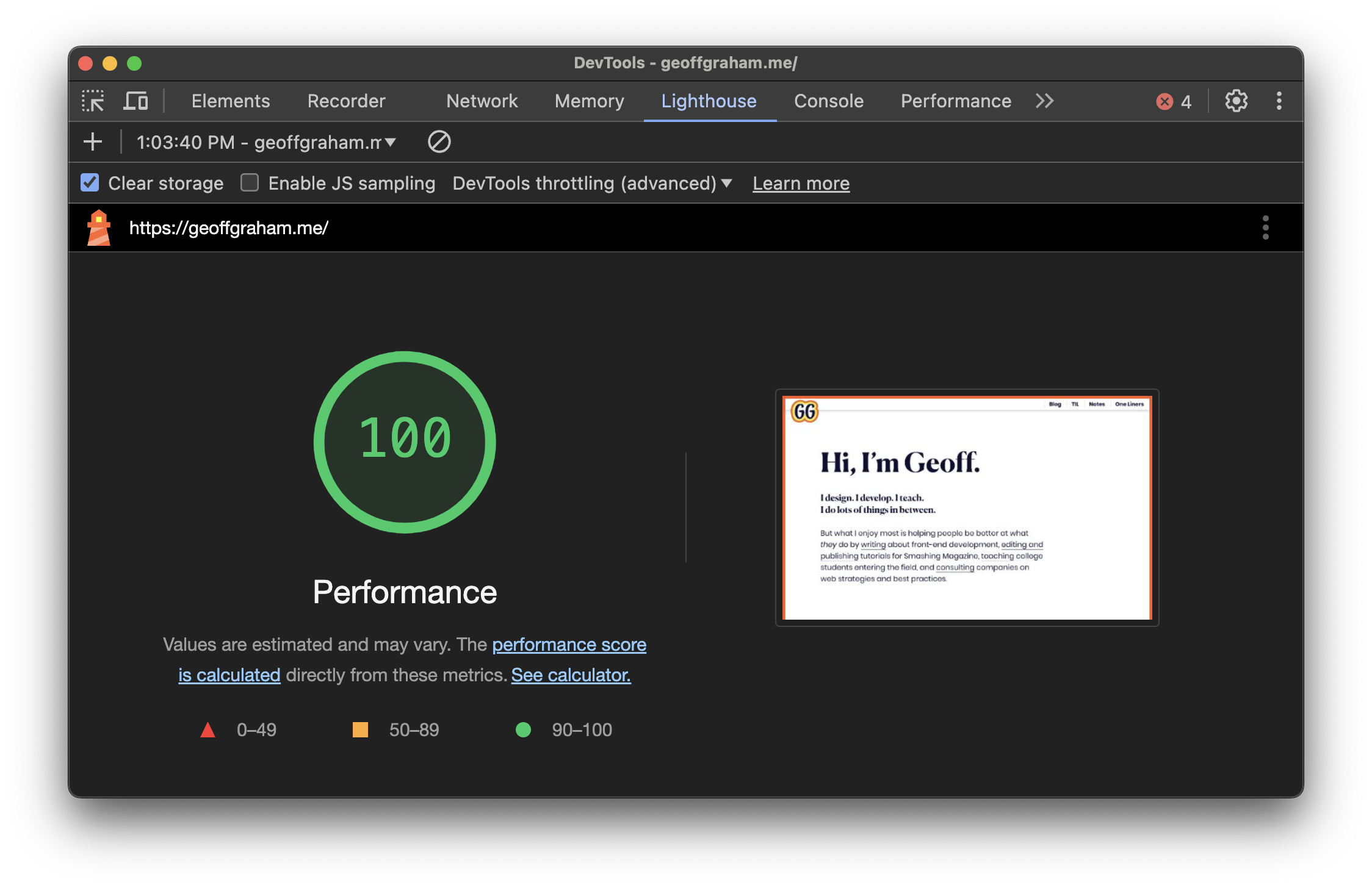 A screenshot with the 100% performance score on DevTools