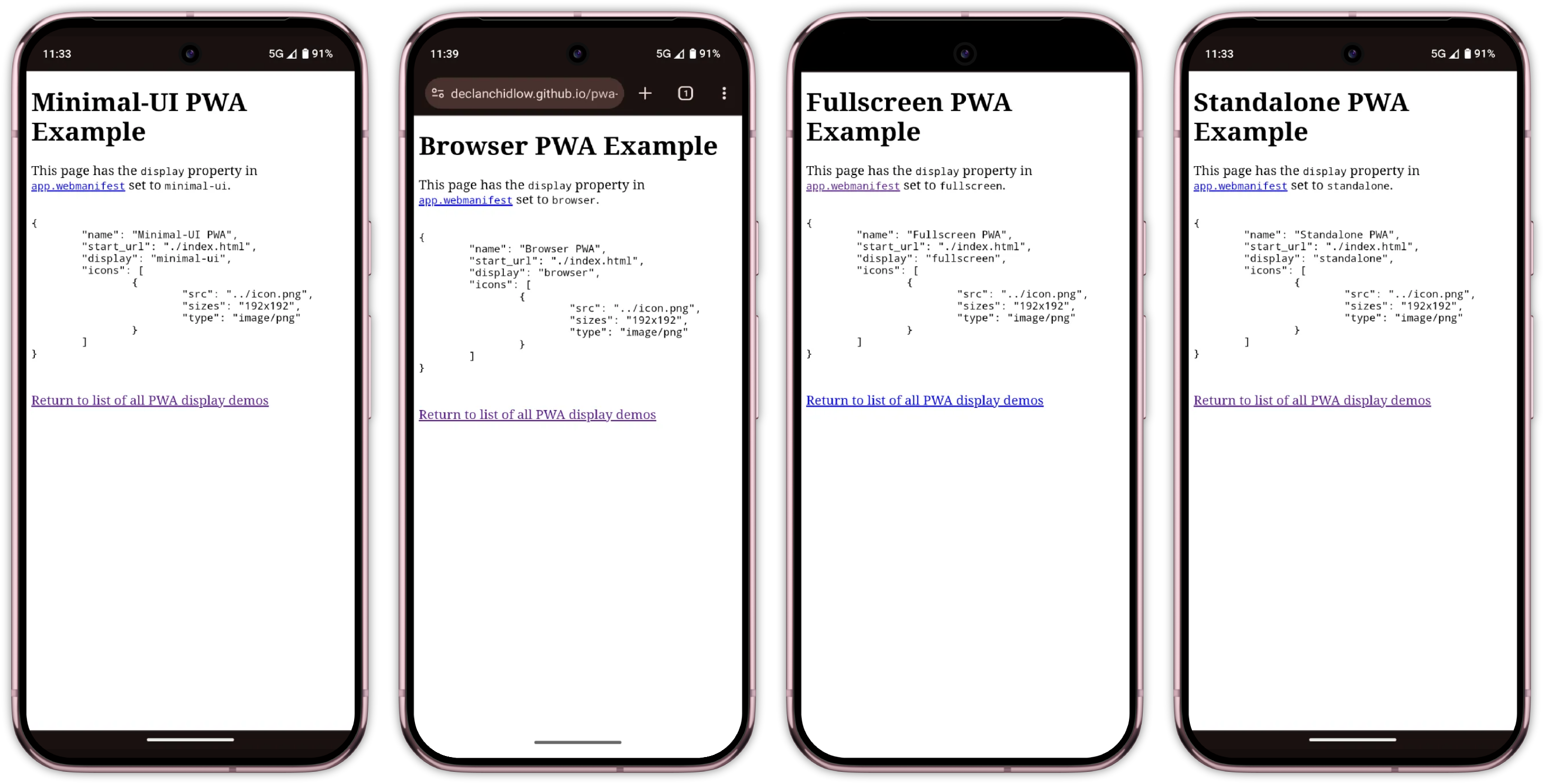 The different PWA display modes as seen on an Android phone running Chrome 138.