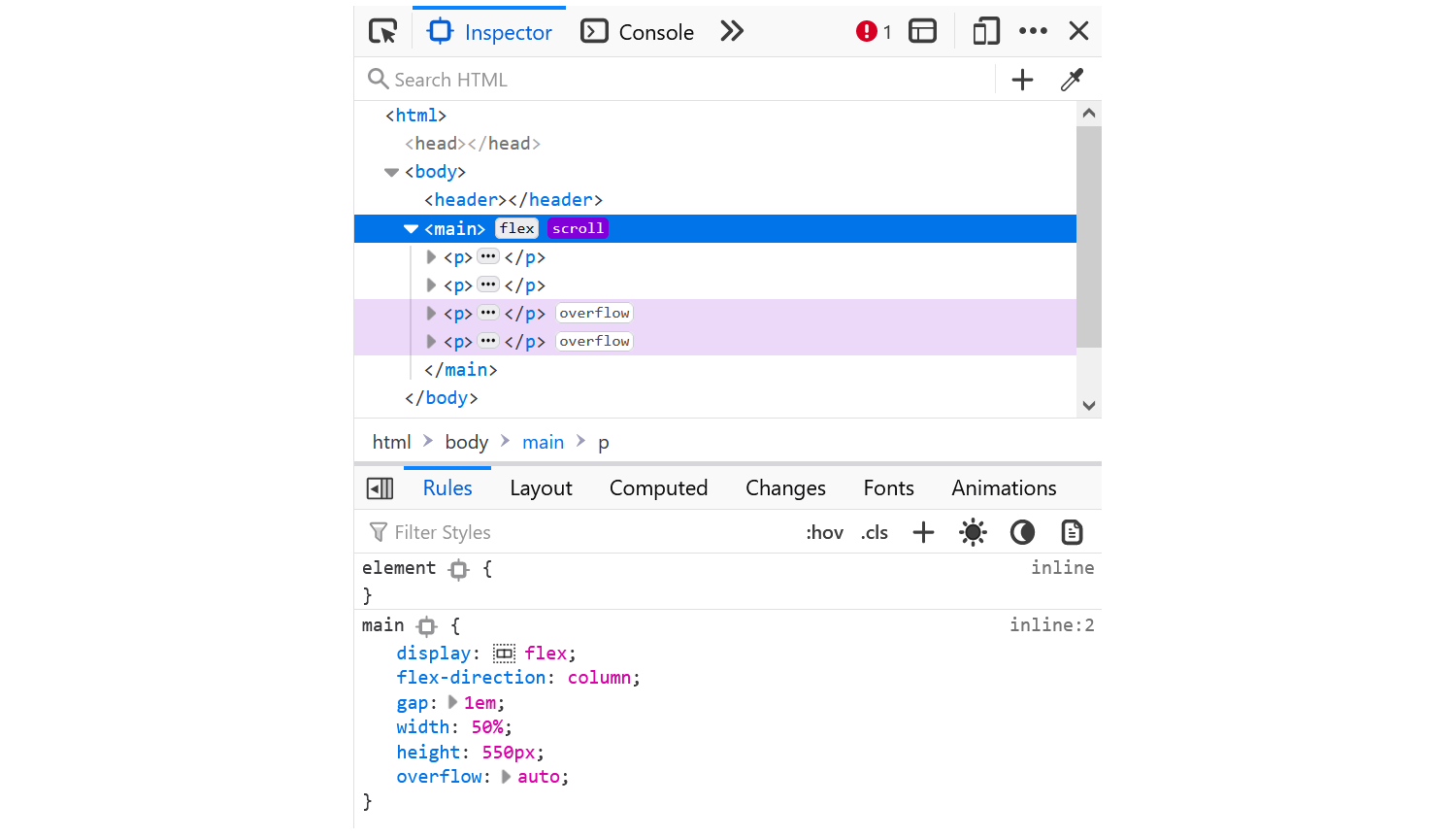 Screenshot of the Firefox Inspector panel showing a node with a scroll badge that was clicked on, and 2 descendant nodes with overflow badges that are highlighted
