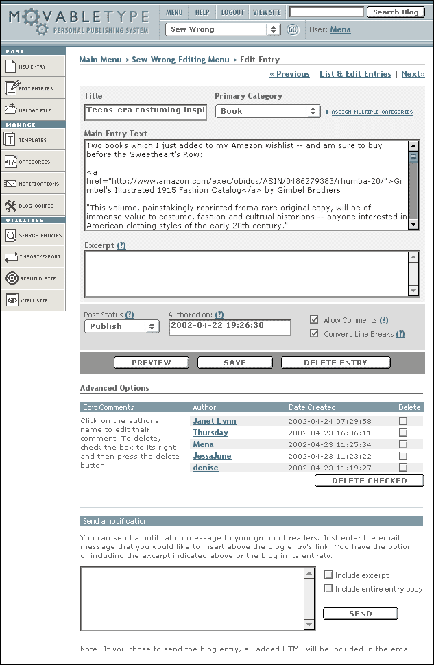 Editing a blog post in MovableType 2.0 released 2002.