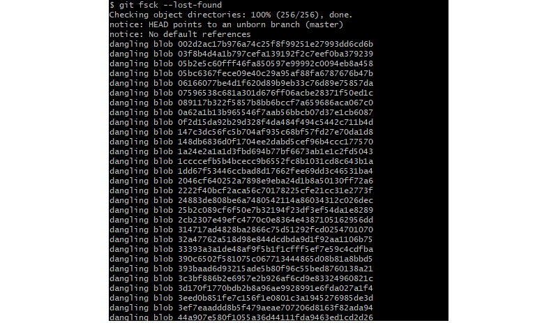Shows output from the git fsck –lost-found command