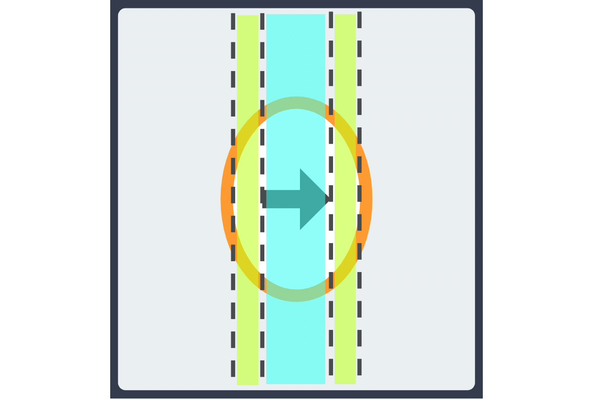 A right arrow in an egg-shaped oval with padding guides displayed