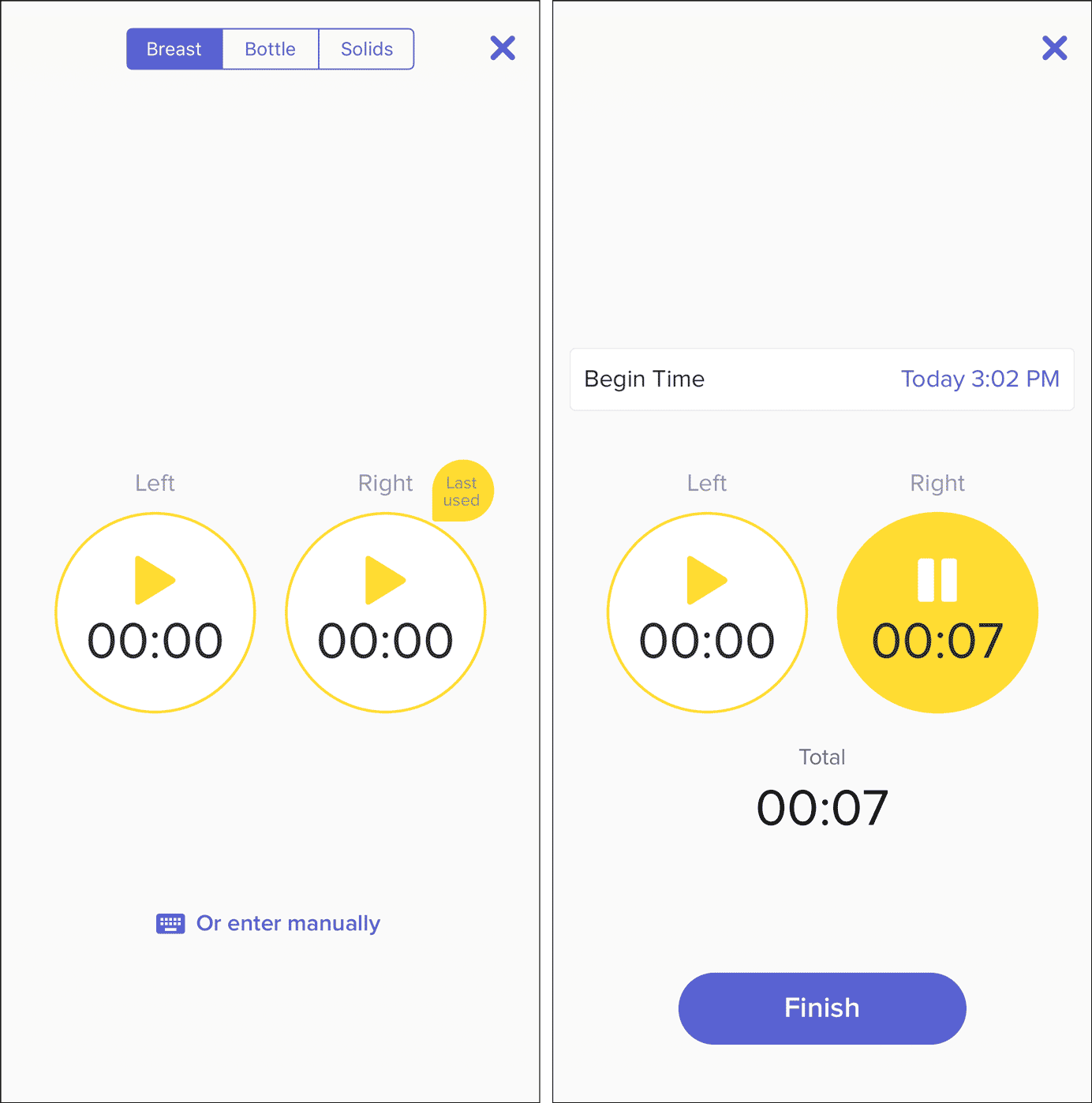 Two screenshots placed side×side. It shows two timers, one for the left breast and one for the right, demonstrating how the timers can be activated independently of each other. The UI is minimal, and all interactive items, including the timers, are large and easy to distinguish from each other.
