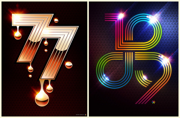 the image is divided into two parts, a composition of metalic looking number seventy seven on the dark background and colorful combination of four numbers on dark background