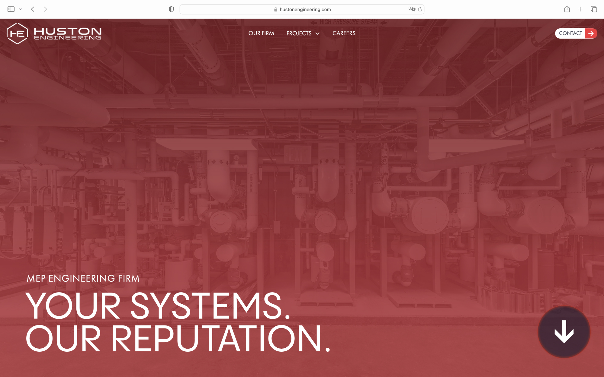 Hero image of Huston Engineering with text saying ‘MEP ENGINEERING FIRM. YOUR SYSTEMS. OUR REPUTATION.’ over a red background overlay