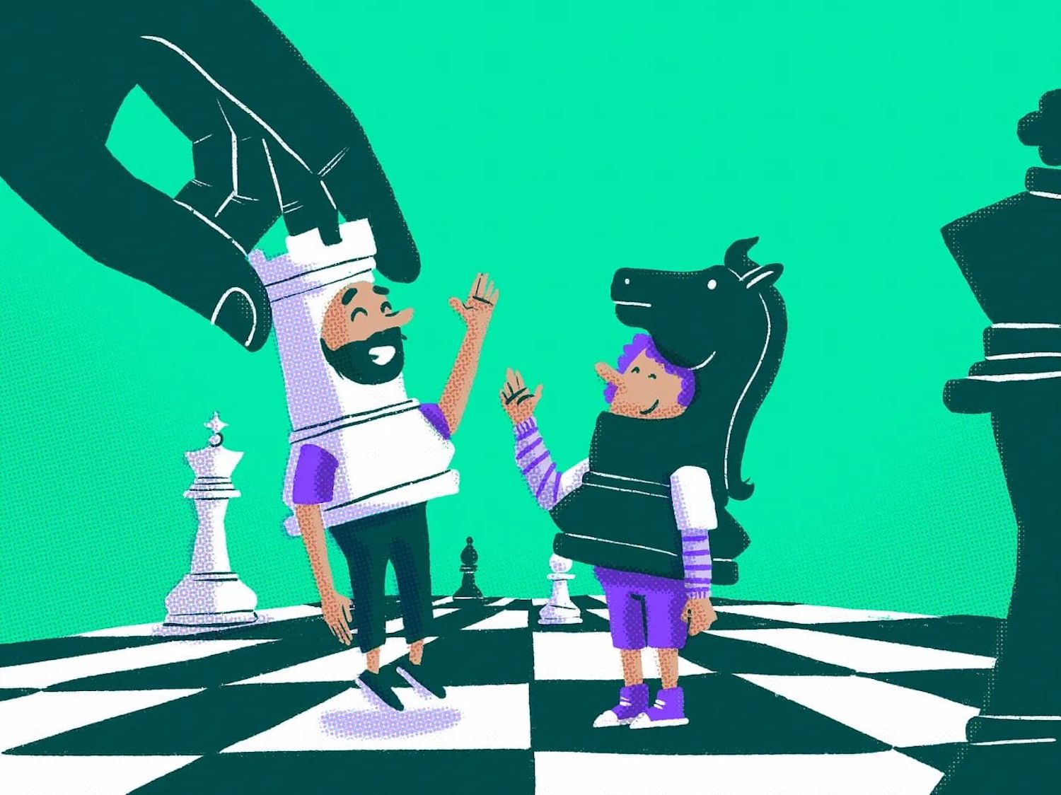 An illustration of two people, represented as chess pieces.