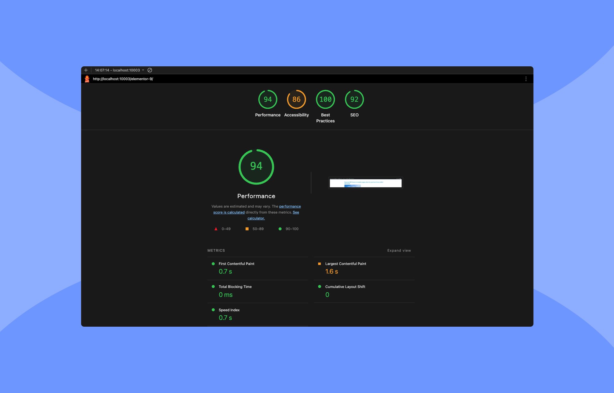 Performance test scores showing Elementor’s website speed and responsiveness.