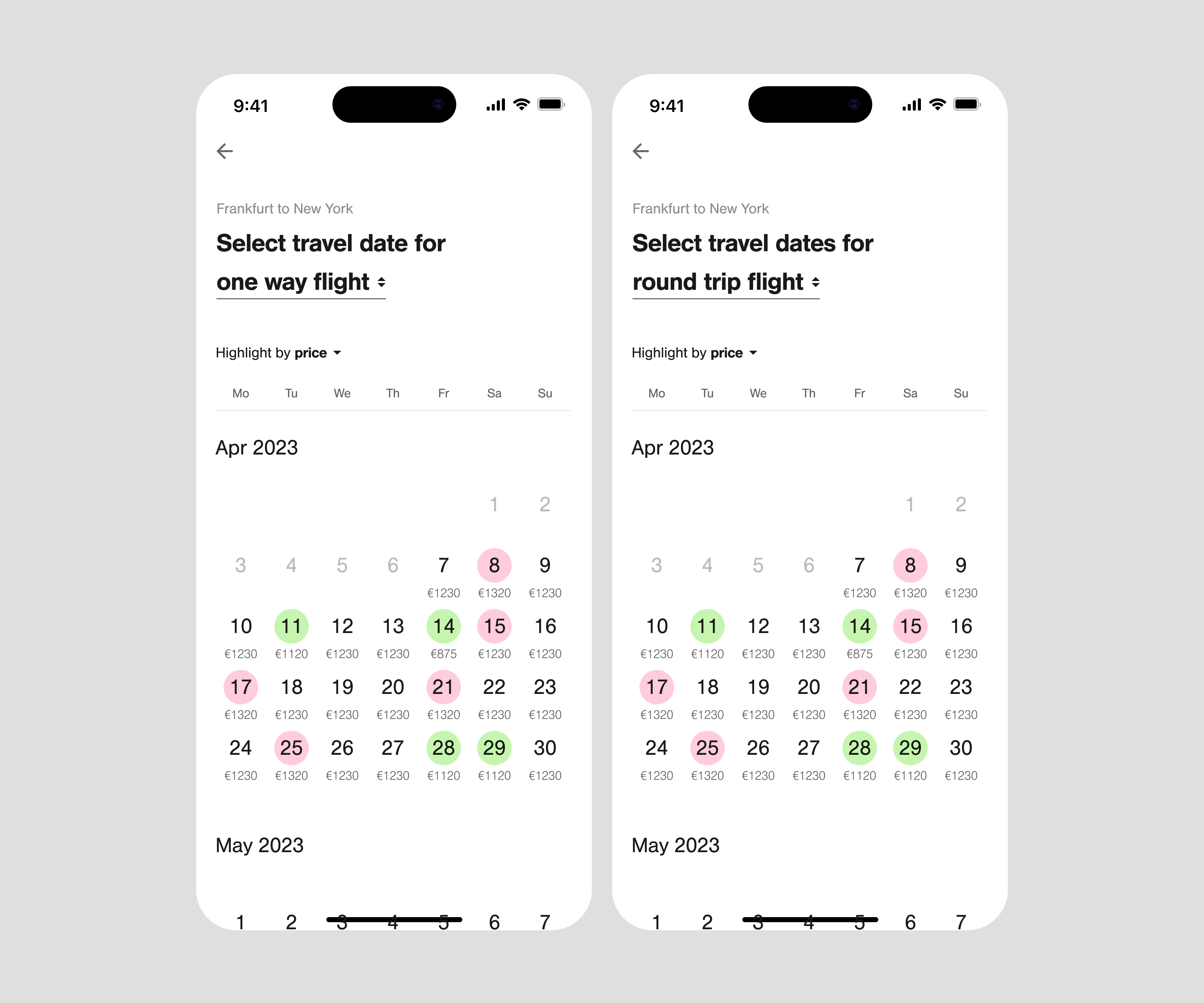 Left: Best price calendar for one-way flights. Right: Best price calendar for round trip flights