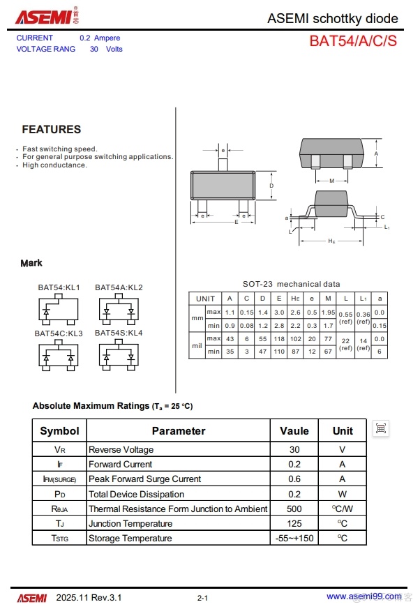 BAT54S-ASEMI可直接替代安世BAT54S-QR_肖特基二極管_02