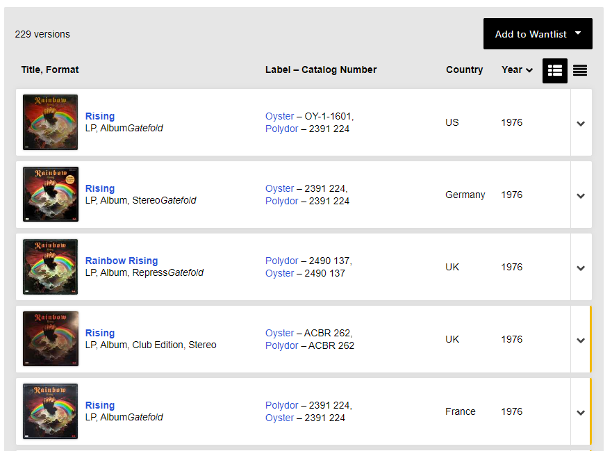 A screenshot of the table example from Discogs