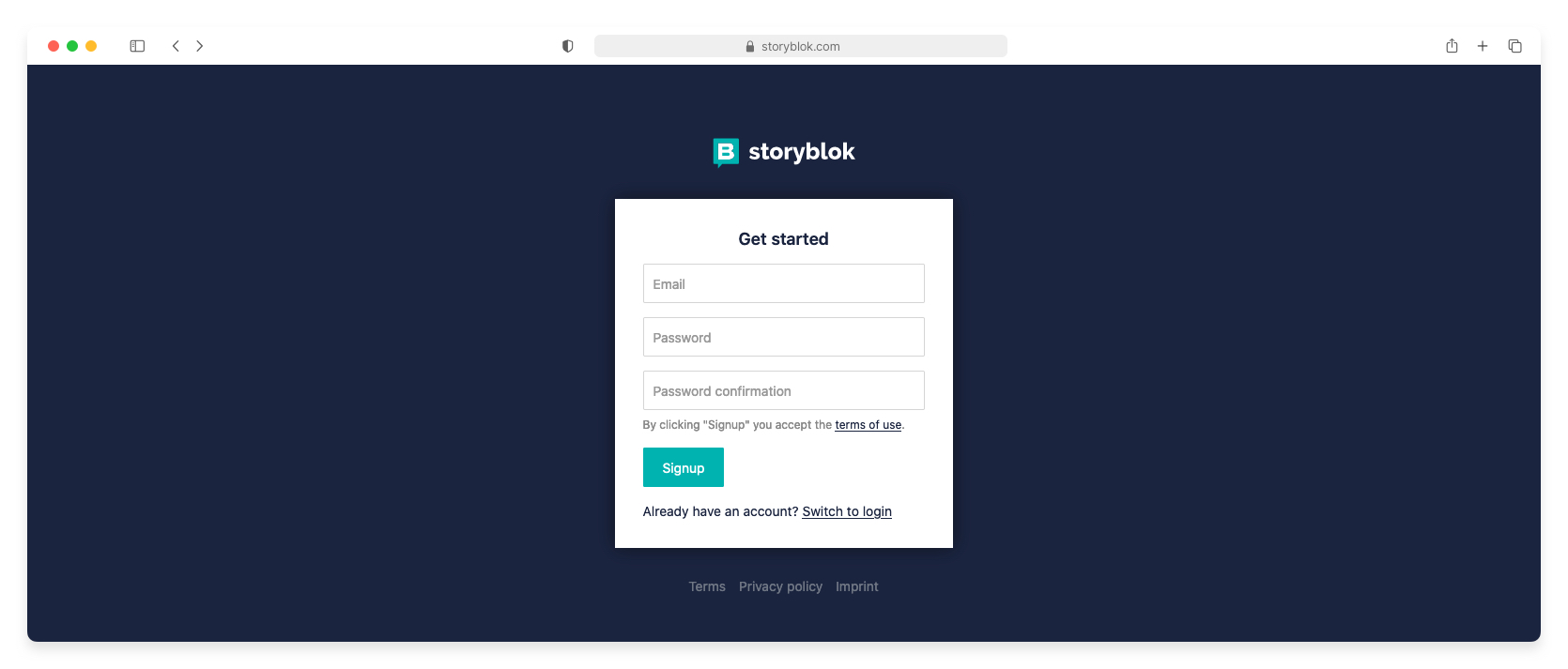 Create an account form in Storyblok