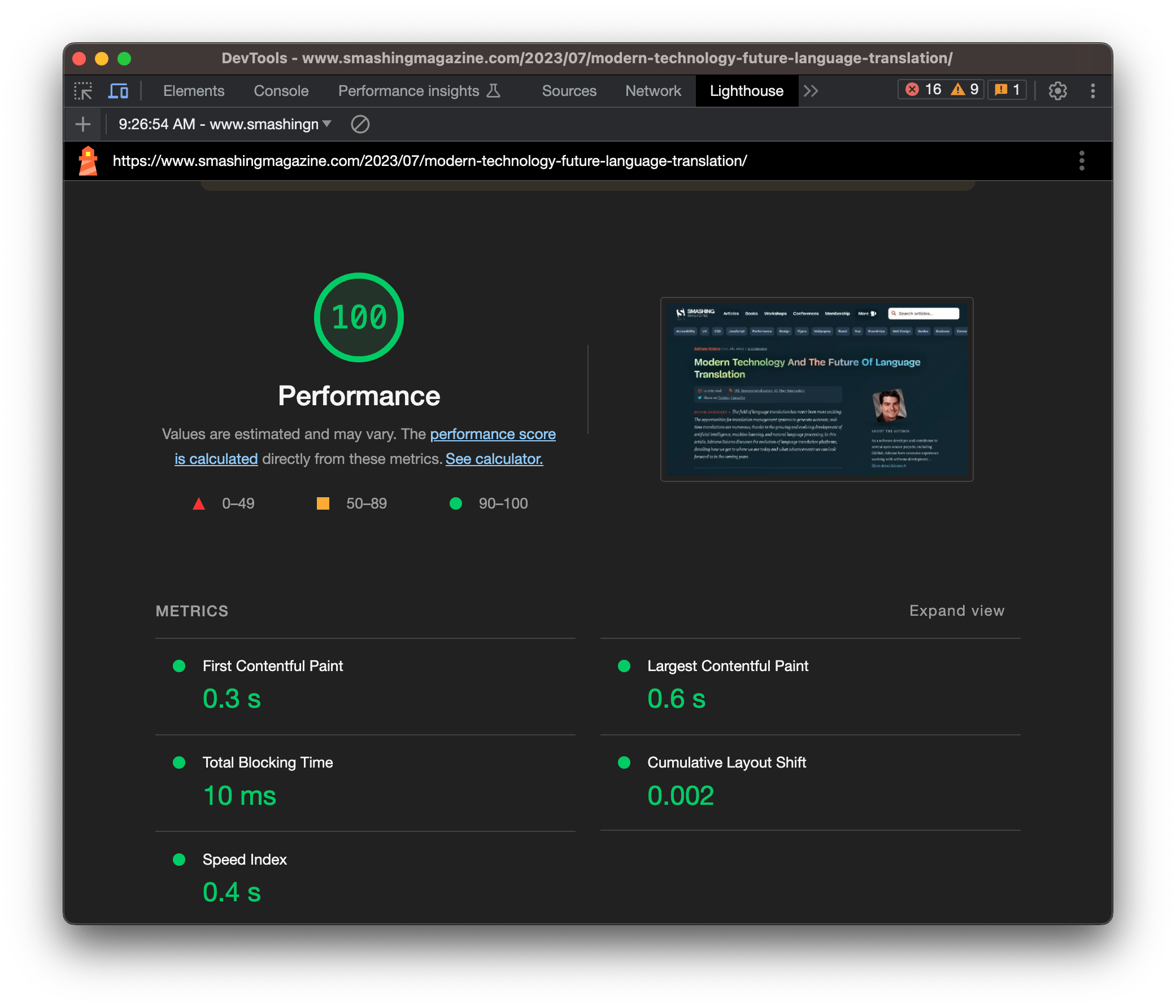 Chrome’s DevTools includes Google Lighthouse features for measuring Web Core Vitals.